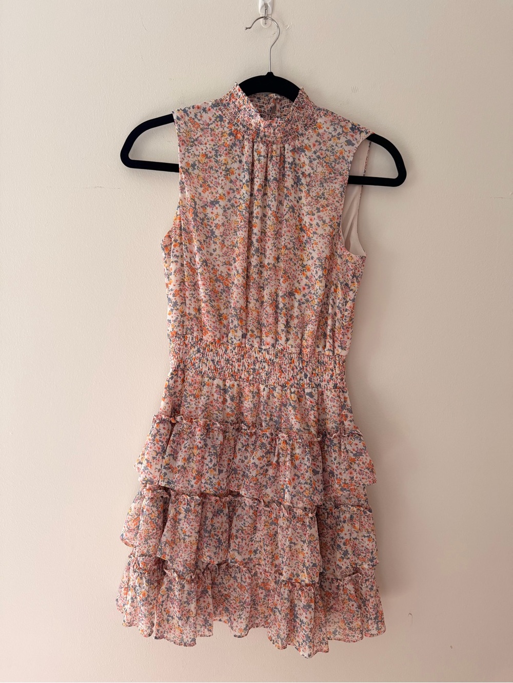 1. State Sleeveless Floral Tiered Mini Dress in Blush Multi